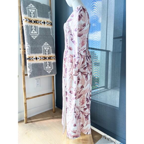 House Of Harlow 1960 White Pink Linen Blend Long Puff Sleeves Midi Dress Medium - Picture 3 of 9